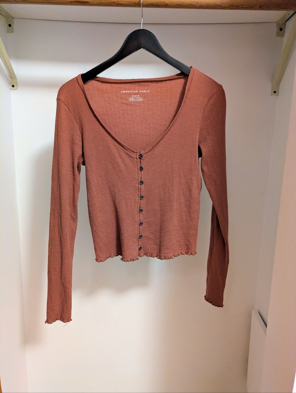 American Eagle Outfitters Rust Button-Front Ribbed Long Sleeve Top